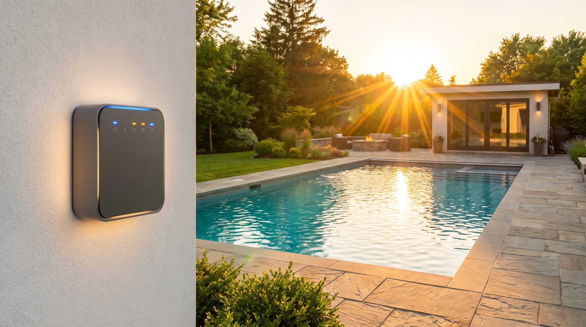 Smart swimming pool monitor on outdoor wall with modern backyard landscape at sunset