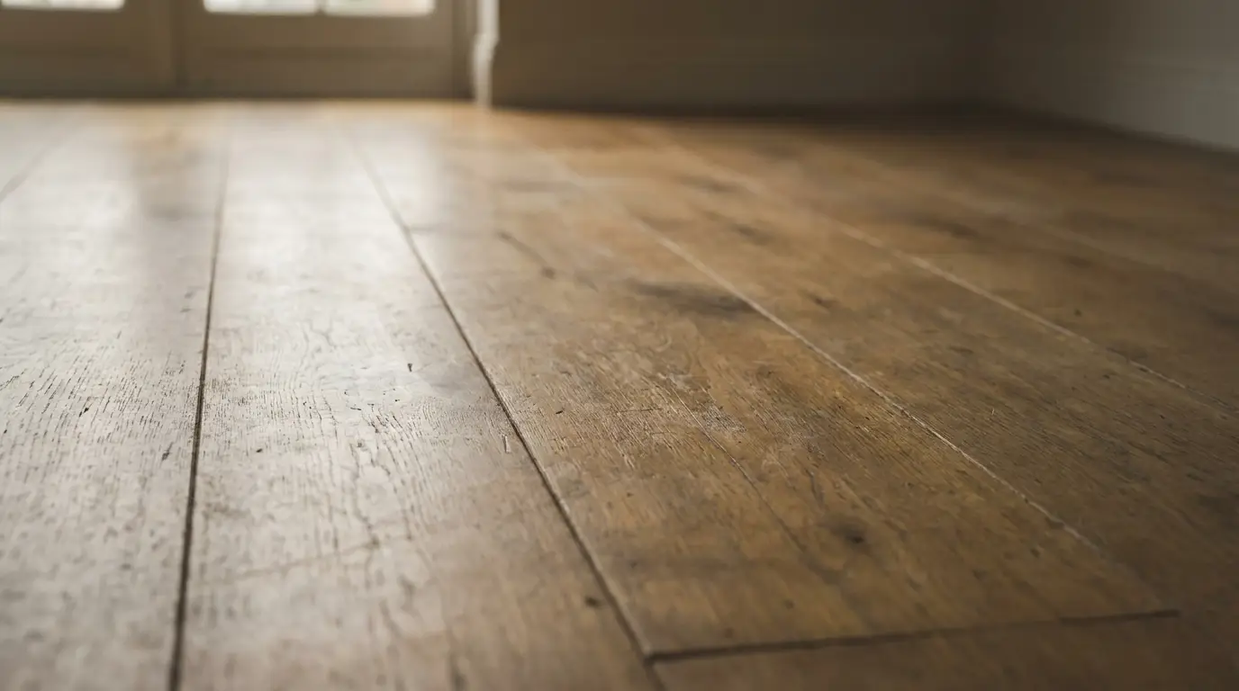 Close-up of rustic wooden floorboards in softly lit interior space
