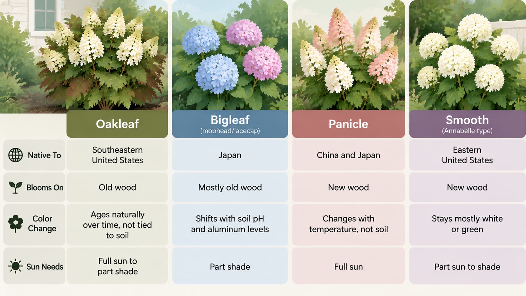 Comparison graphic highlighting differences between oakleaf, bigleaf, panicle, and smooth hydrangeas.