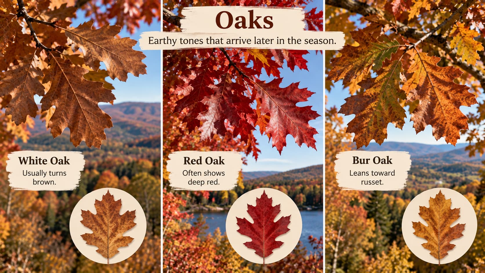 A three-panel infographic displaying brown White Oak leaves, deep red Red Oak leaves, and russet Bur Oak leaves.