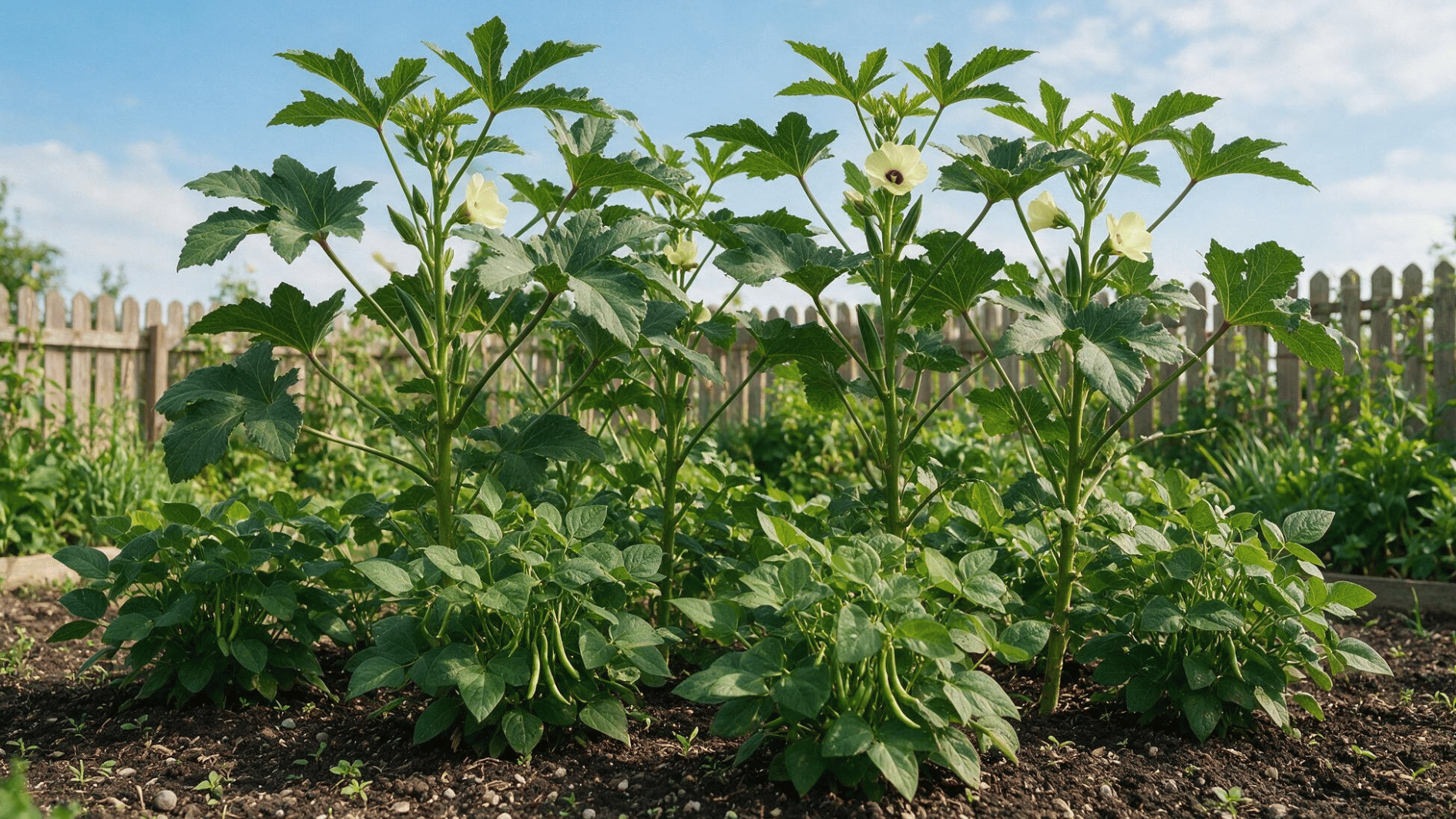 tall okra plants growing with compact bush beans and visible green pods in a garden bed