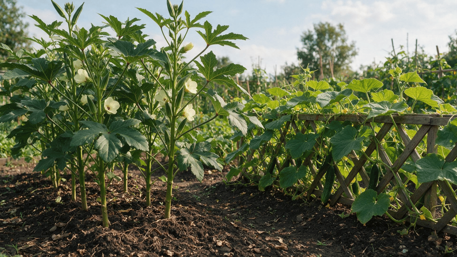 okra plants growing beside trellised cucumber vines in a well-spaced summer vegetable garden