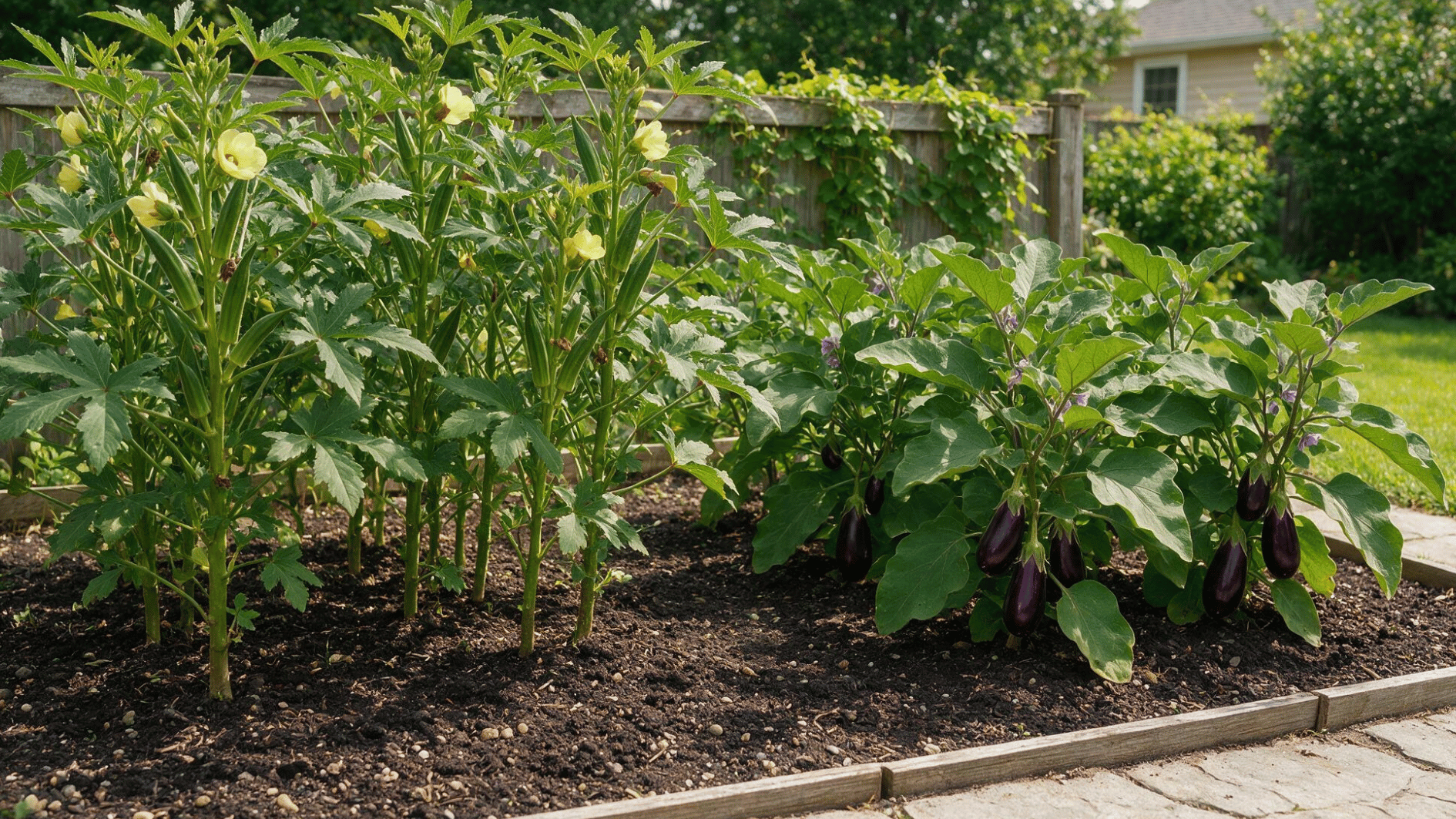 tall okra plants growing beside broad-leaved eggplant plants in a summer garden bed