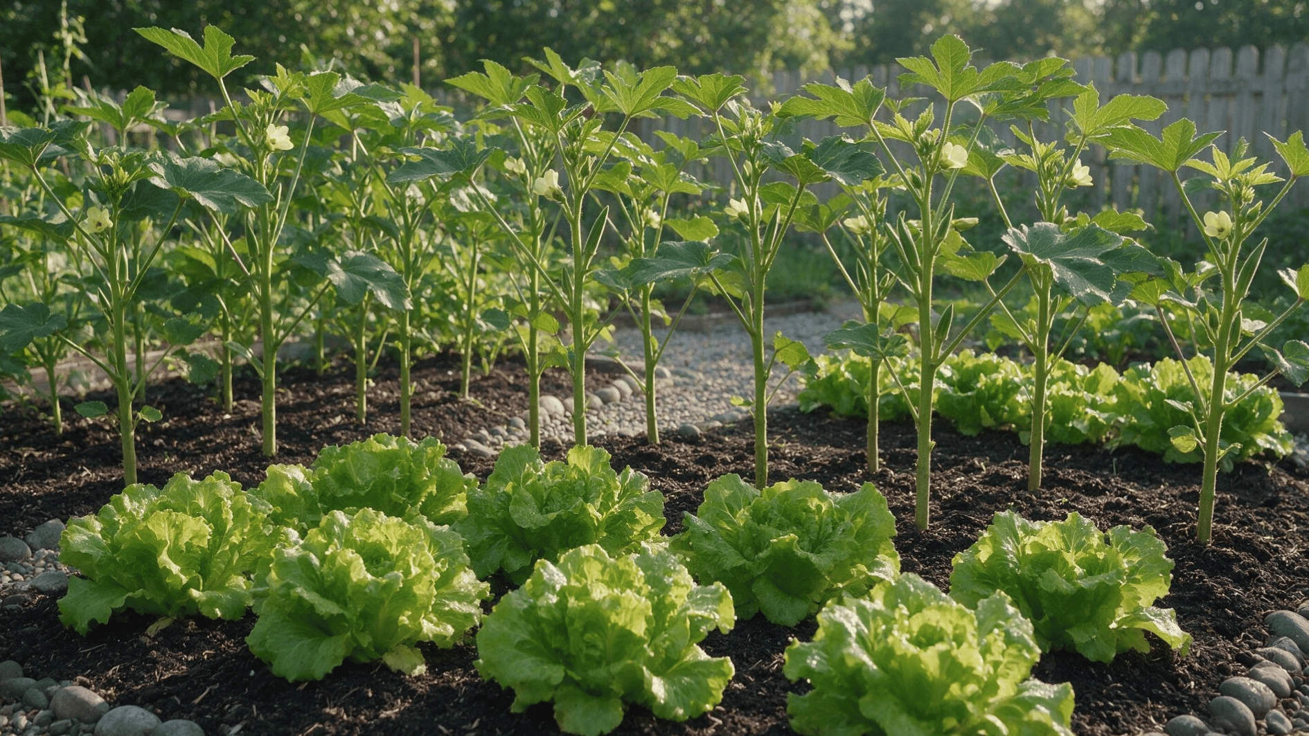 young okra plants growing behind leafy green lettuce in a naturally spaced vegetable garden