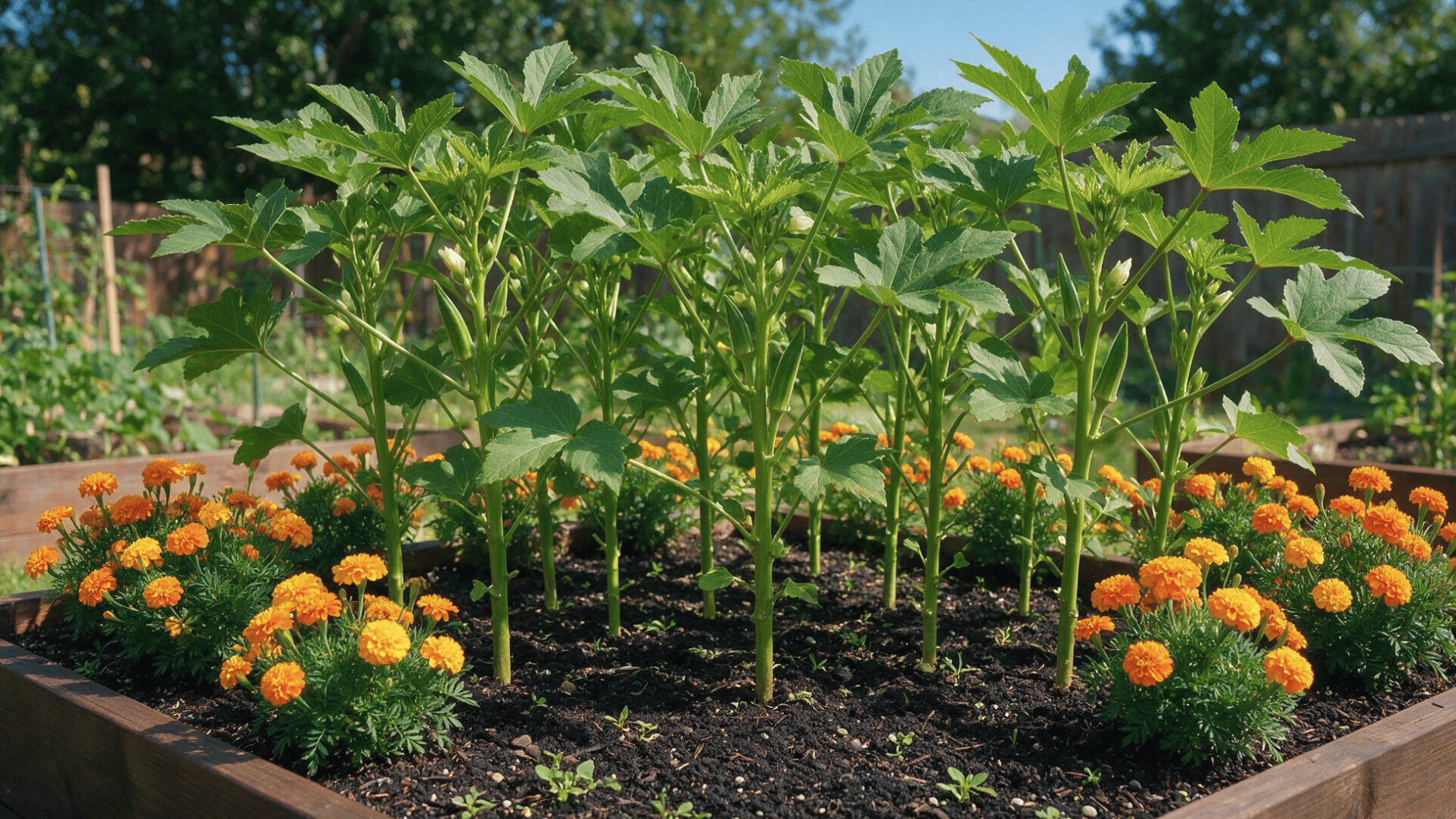 tall okra plants growing beside orange and yellow marigolds along a sunny garden border