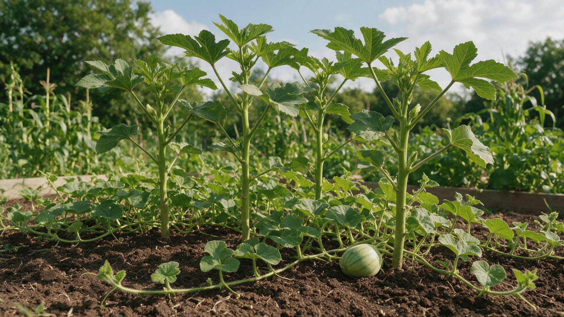 tall okra plants growing above spreading melon vines in a spacious summer garden bed