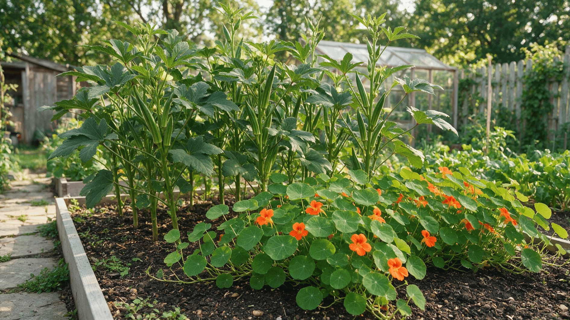 tall okra plants growing with trailing orange nasturtiums along the edge of a garden bed