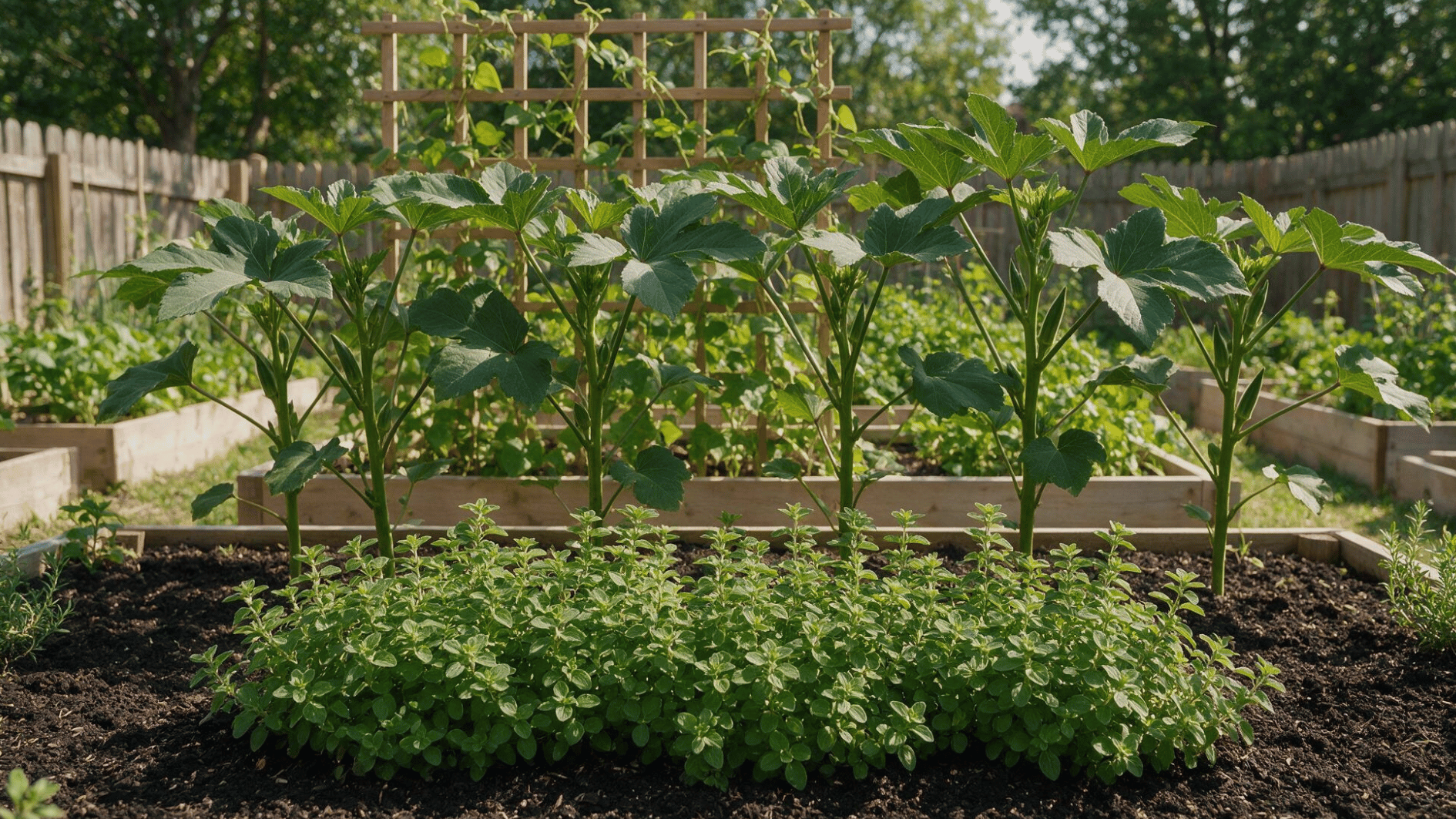 tall okra plants growing behind a low oregano border in a natural backyard vegetable garden