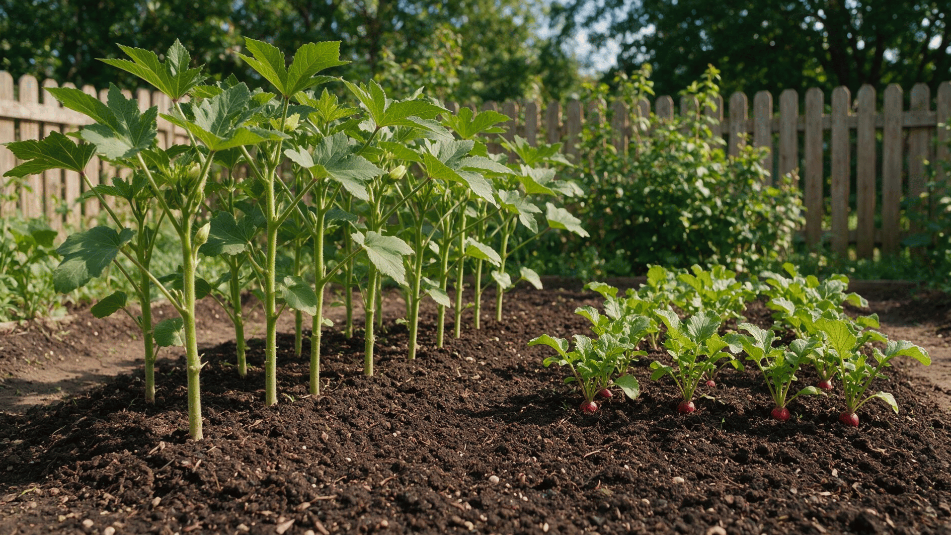 young okra plants growing beside red radishes with leafy tops in a sunny garden bed