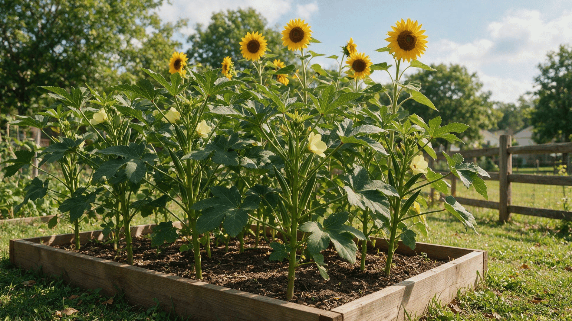 tall okra plants growing in front of yellow sunflowers in a sunny backyard vegetable garden