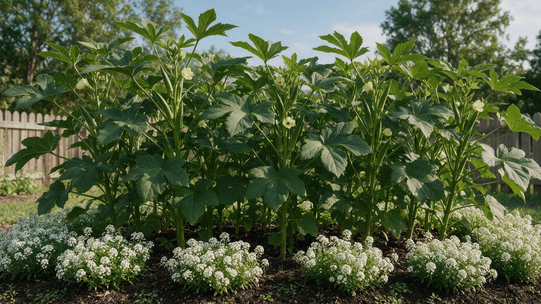 tall okra plants growing beside low white sweet alyssum flowers along a garden border