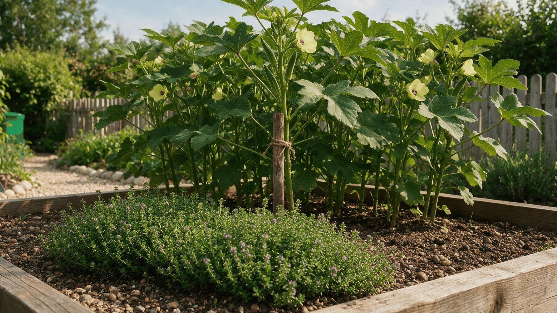 tall okra plants growing with low thyme along the sunny edge of a backyard garden bed