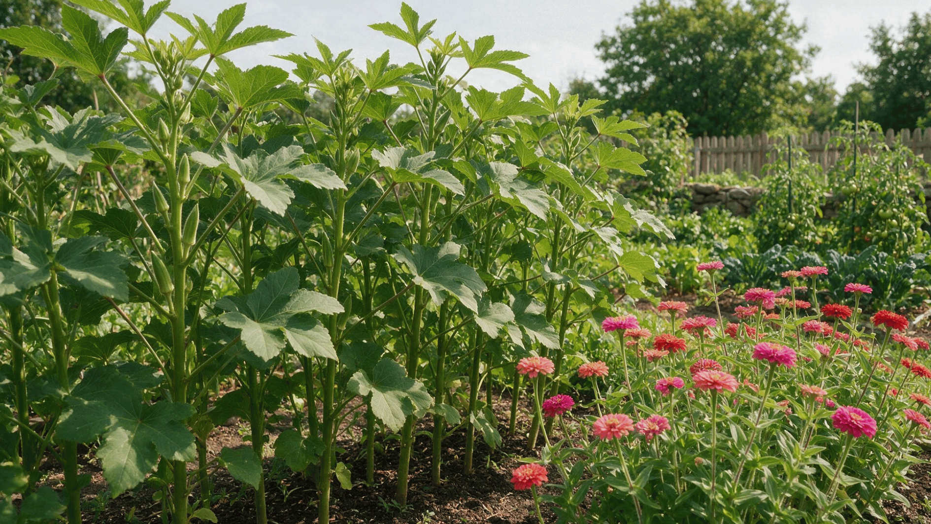 tall okra plants growing beside colorful zinnias along the sunny edge of a summer garden bed