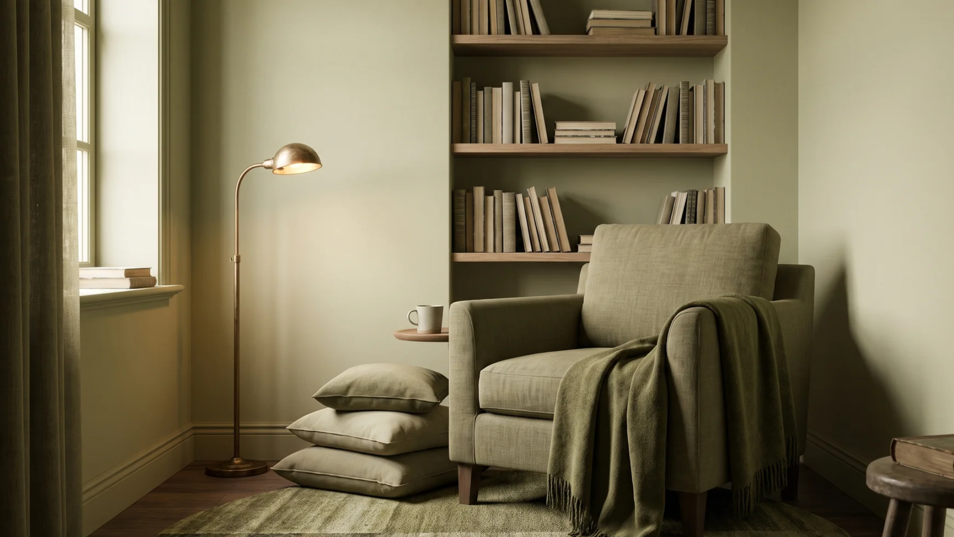 Cozy olive green reading nook with a leather armchair, brass floor lamp, and wool throw blanket.