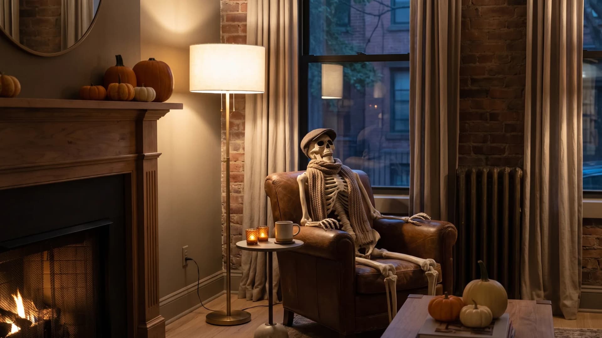 Full-sized decorative skeleton seated comfortably in a living room armchair.