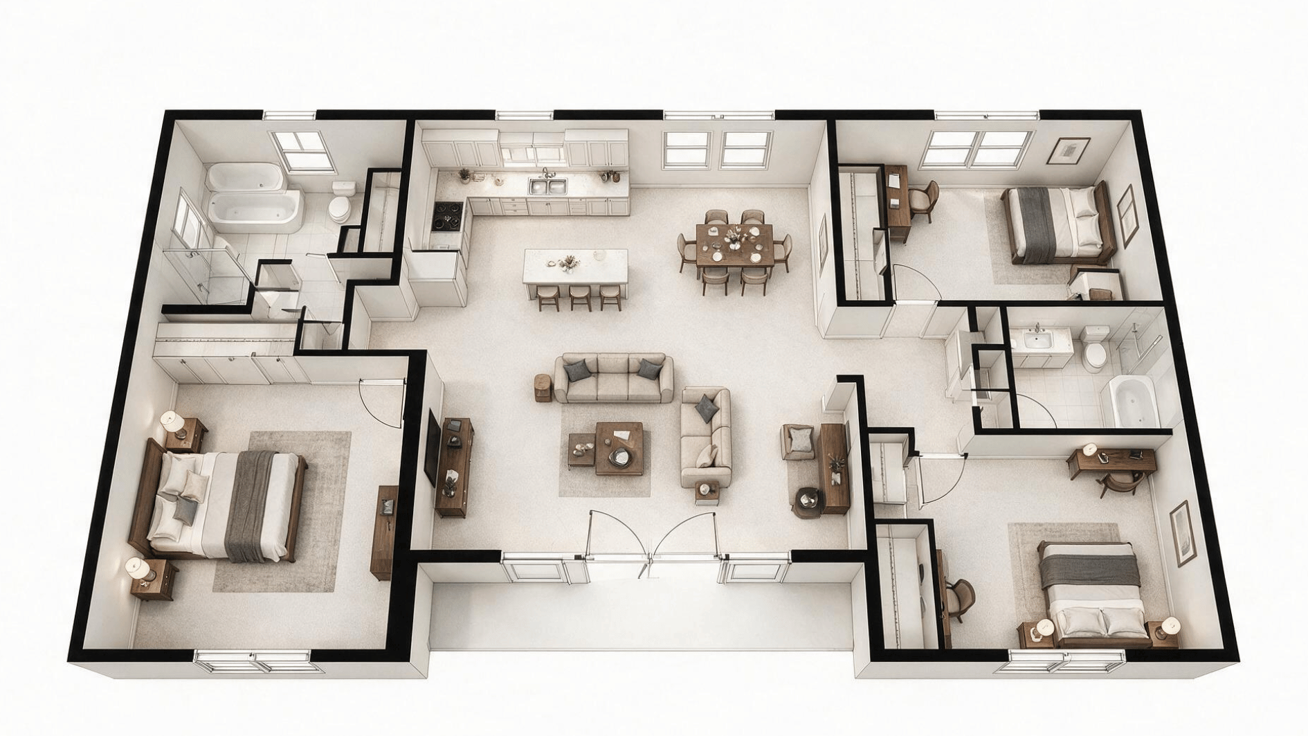 one-story 3 bedroom house plan with three bedrooms, two bathrooms, open living space, and rear patio