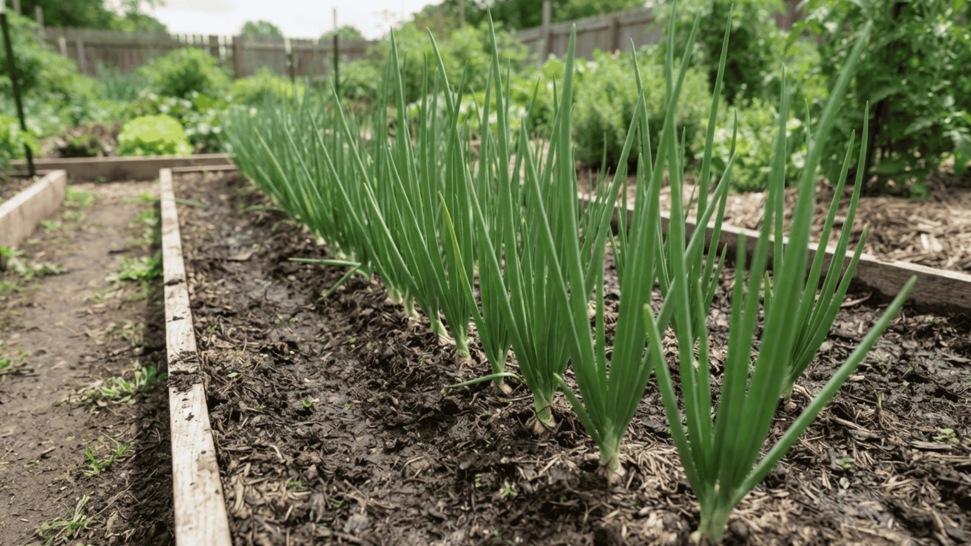 onion plants with narrow green tops growing in a garden bed