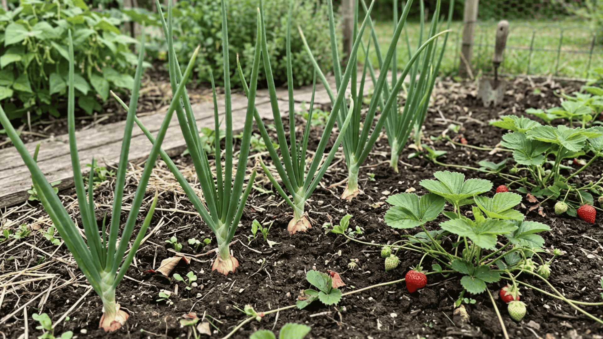 upright onion leaves growing beside strawberry plants with ripe berries in a realistic vegetable garden bed