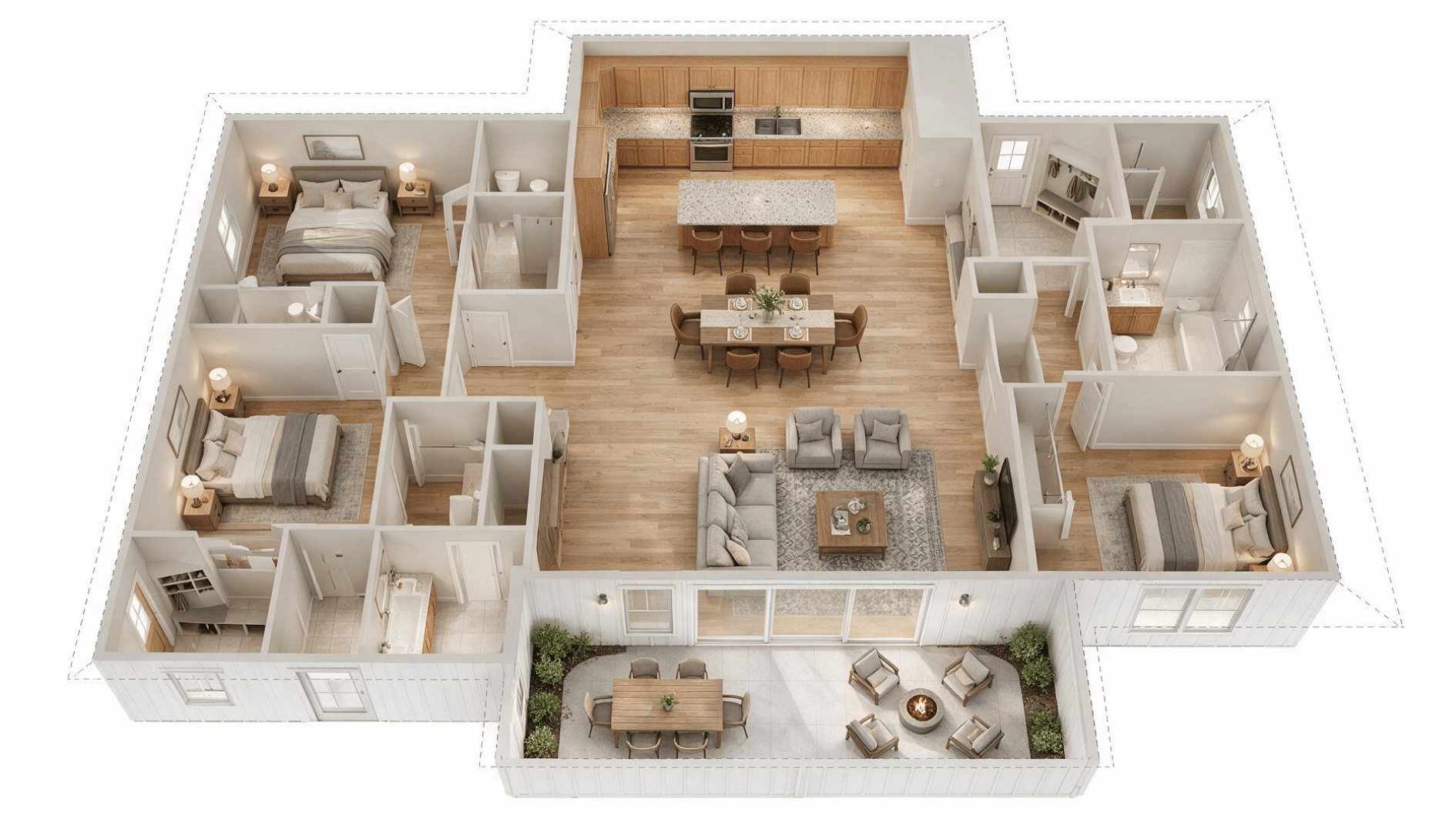 open-concept 3 bedroom floor plan with a kitchen island, connected dining and living area, and three bedrooms