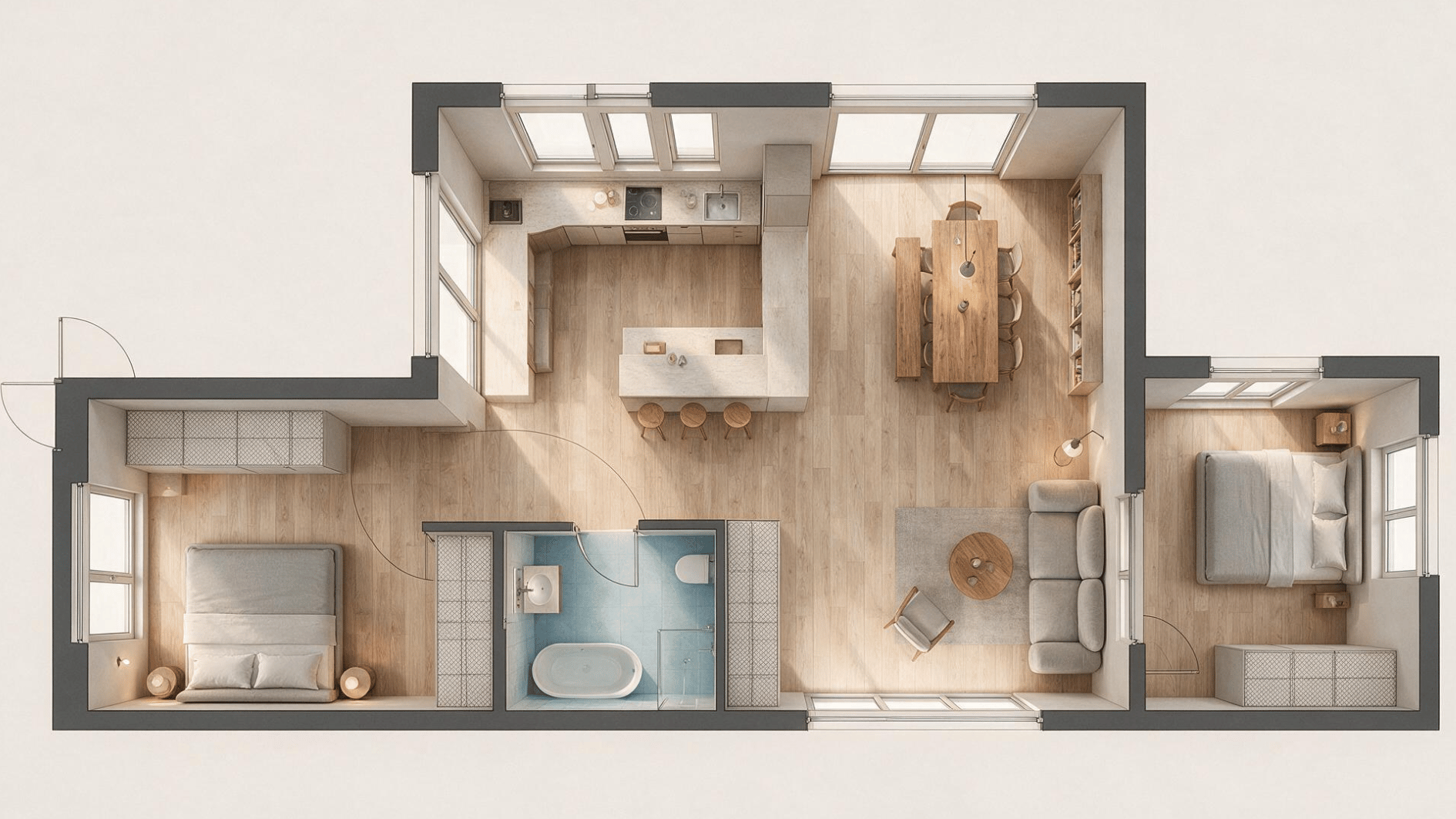 open concept 2 bedroom apartment floor plan with connected kitchen dining and living spaces