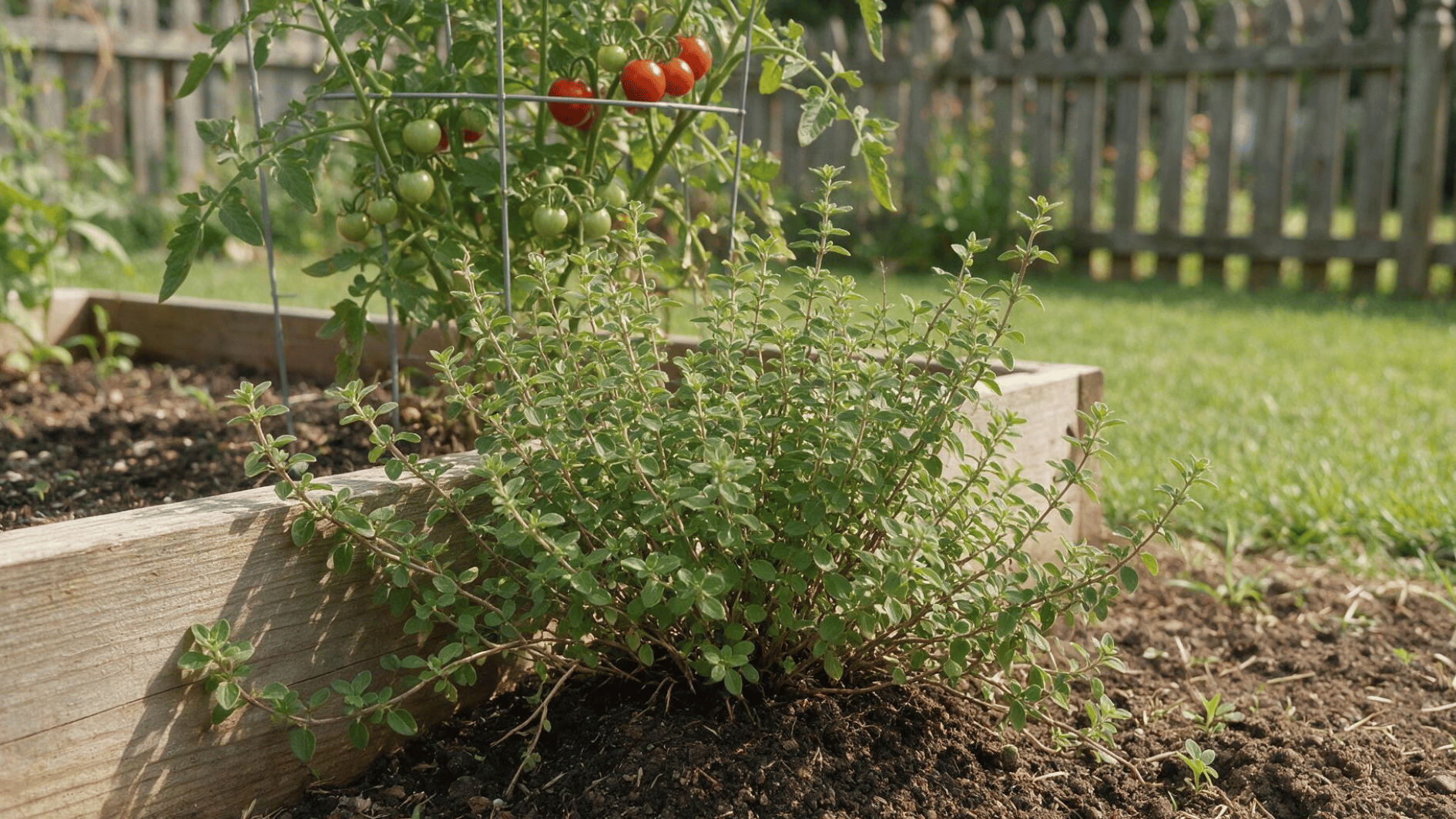 oregano growing near a caged tomato plant at the edge of a raised home vegetable garden bed