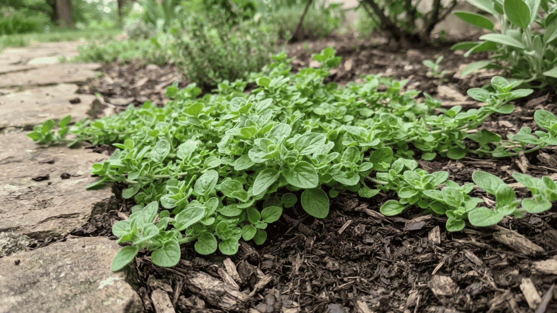 oregano plant growing along the edge of a garden bed