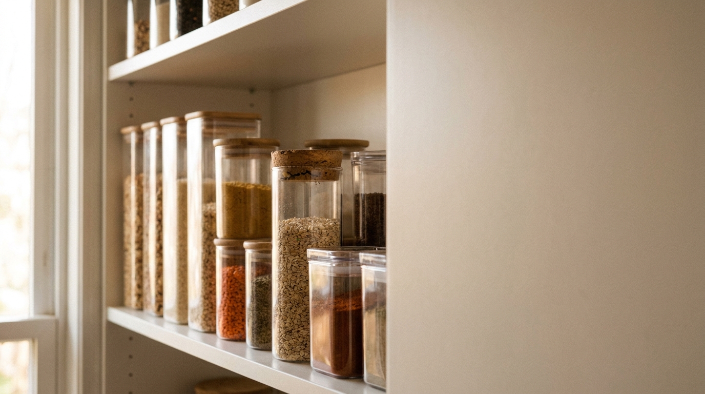 Glass jars filled with various grains and spices on white kitchen shelf in natural light