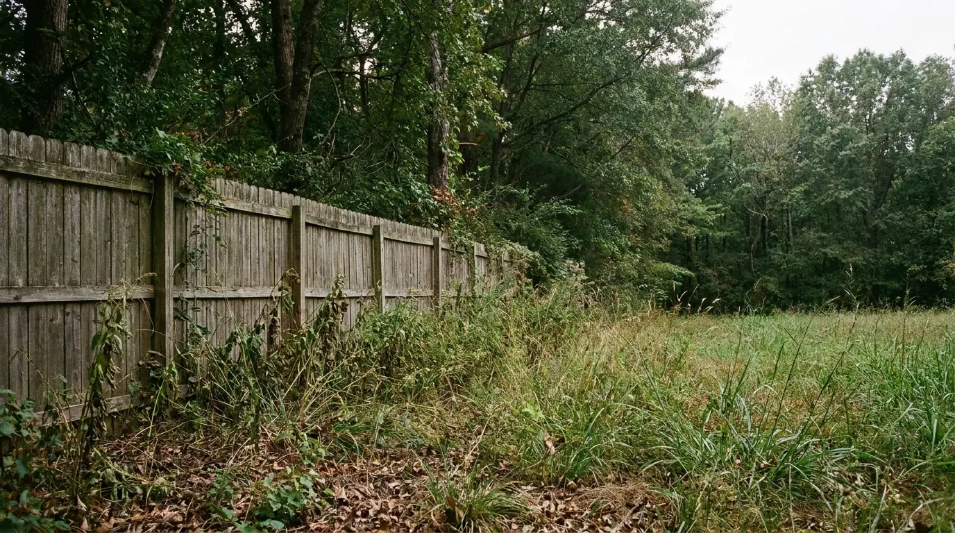 Wooden fence beside overgrown grass and trees in a rural outdoor setting