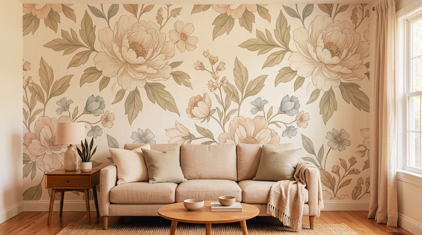 oversized floral wallpaper with large dramatic blooms creating a bold statement wall in a stylish bedroom