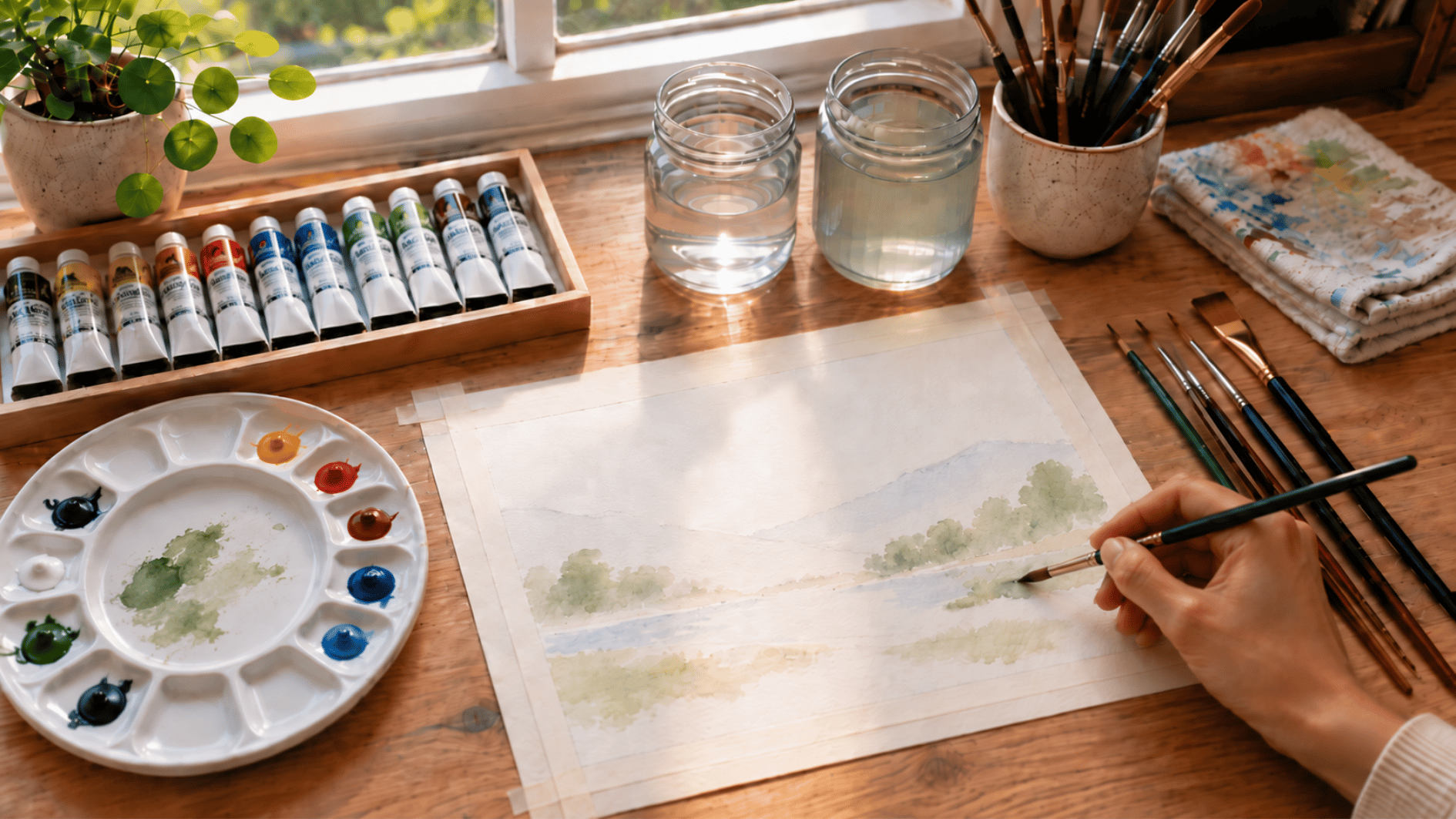 hand painting a light green landscape with gouache beside a palette with mixed green paint