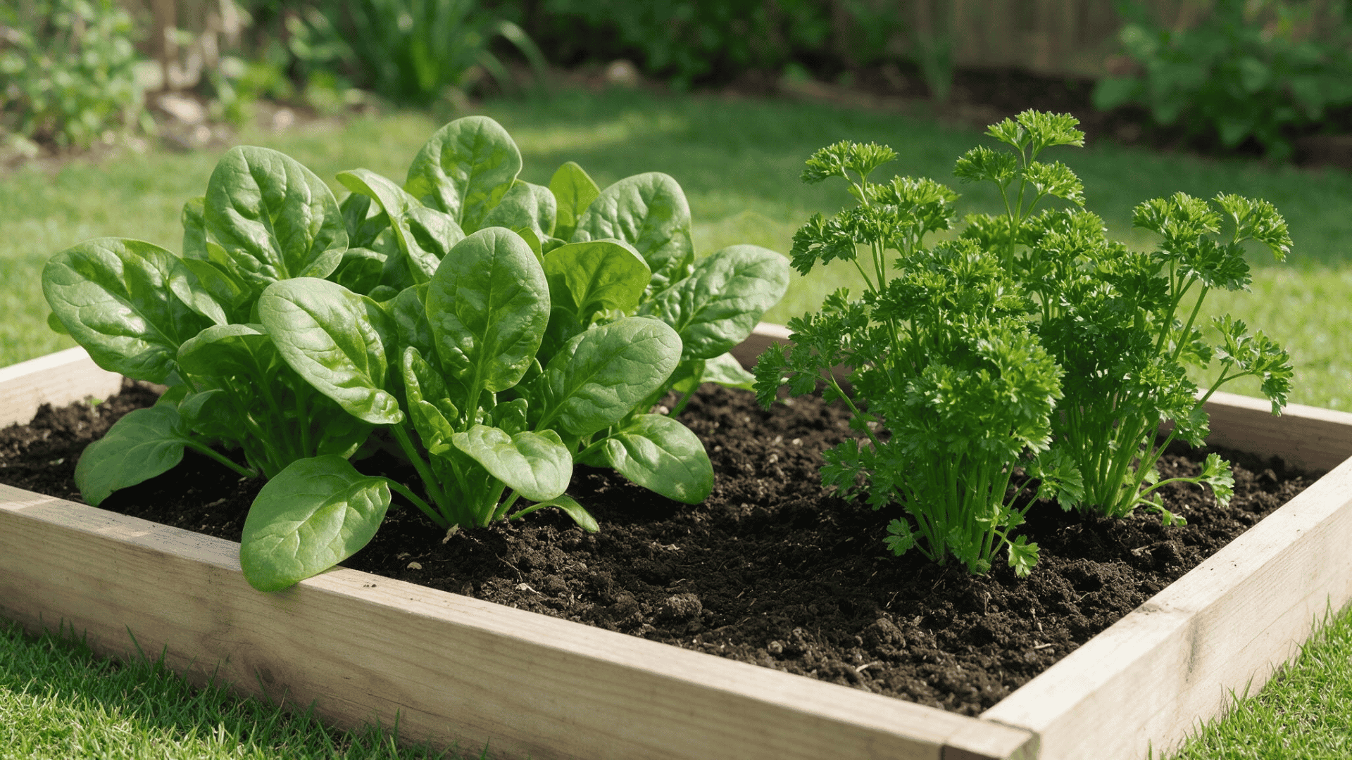 spinach and curly parsley growing together in a wooden raised bed
