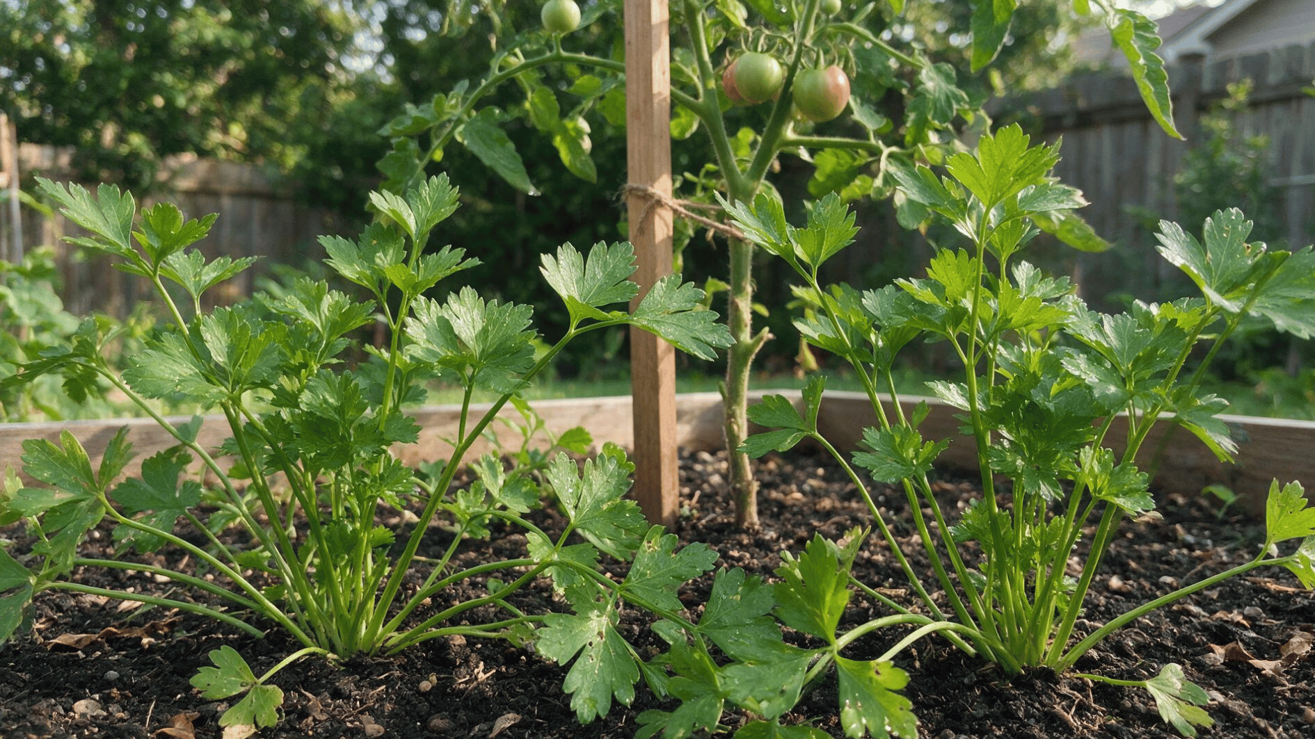green parsley plants growing below taller tomato plants in a sunny home vegetable garden