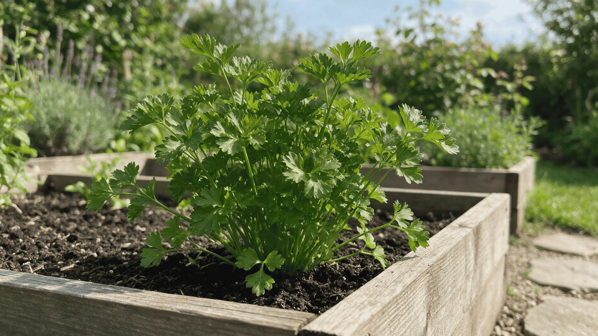 parsley plant with green leaves growing along a garden bed edge