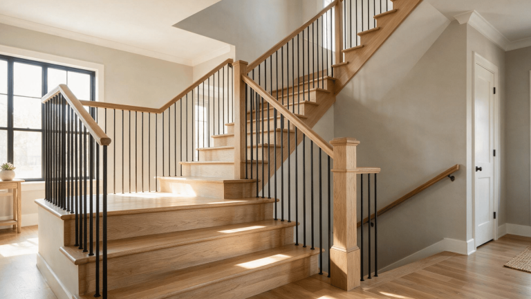 modern wood staircase with black metal balusters