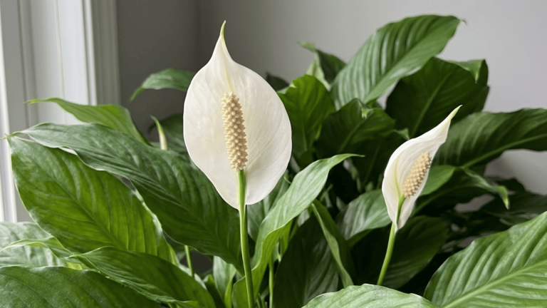 two white peace lily flowers surrounded by broad green leaves in soft natural indoor light