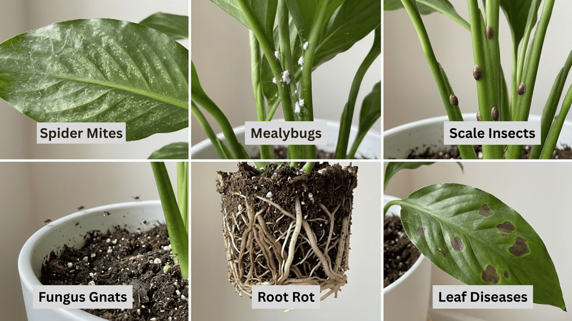 peace lily leaves and stems showing pest damage root problems and brown disease spots