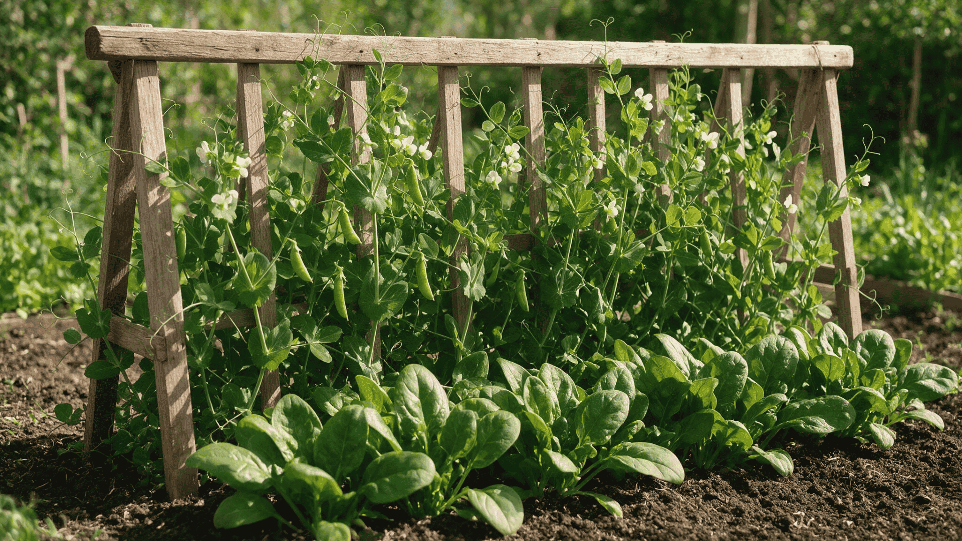 spinach growing beneath a wooden trellis of climbing pea plants