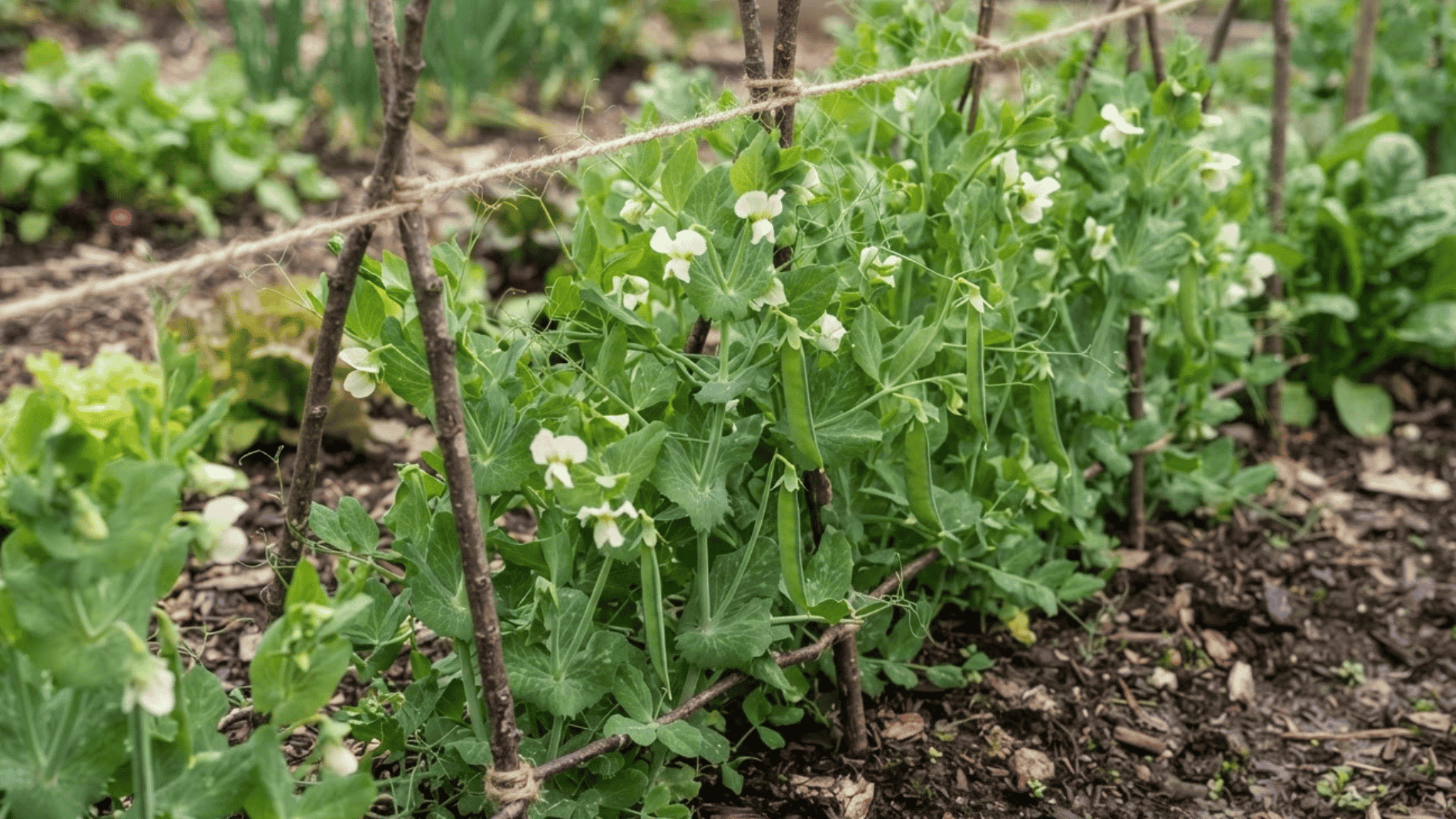 pea plants with tendrils and white flowers on a garden trellis