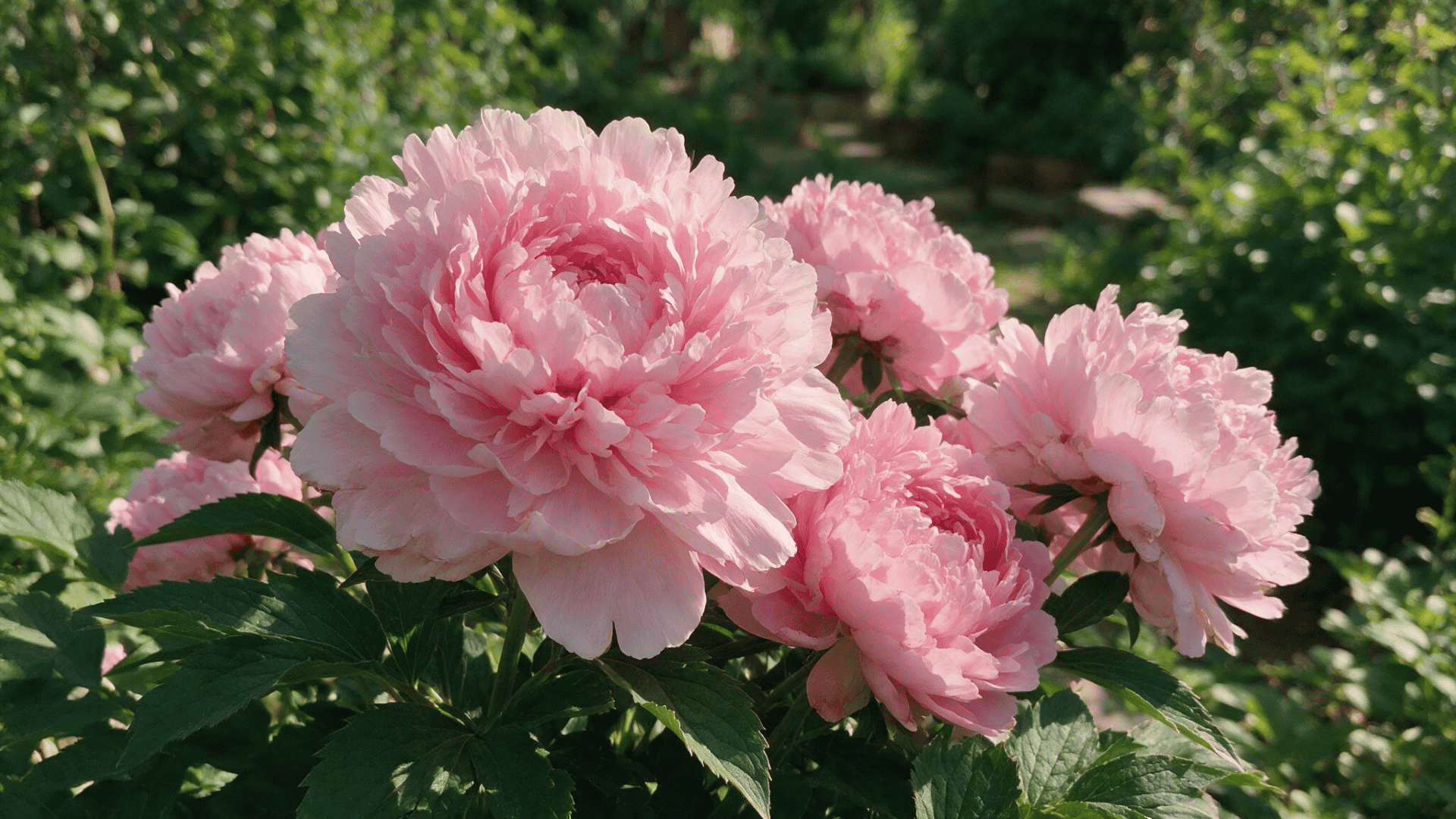 pink peonies in full bloom with layered petals and dark green leaves outdoors