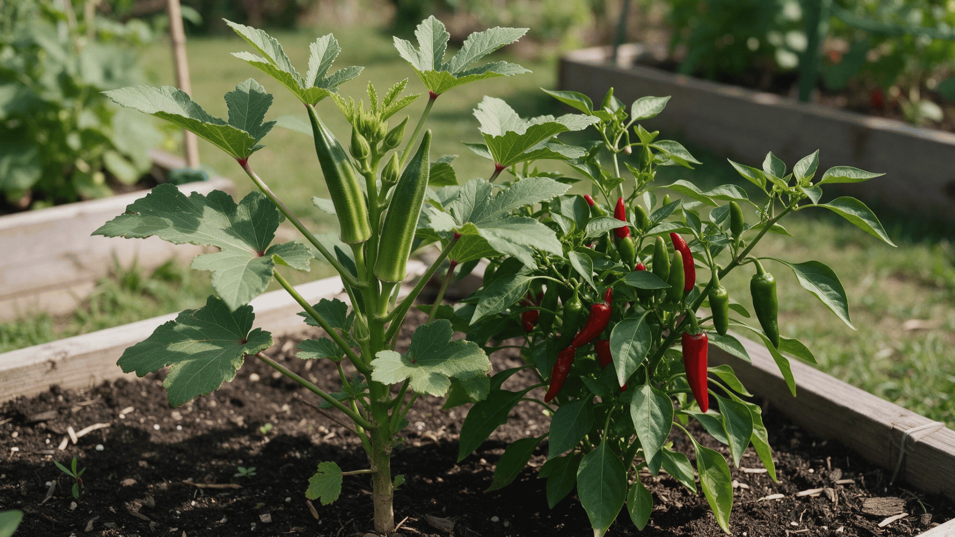 okra plants growing beside shorter pepper plants in a sunny backyard vegetable garden