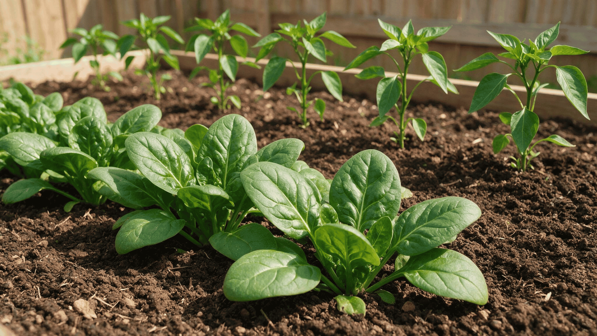 spinach row growing in front of young pepper plants in garden soil