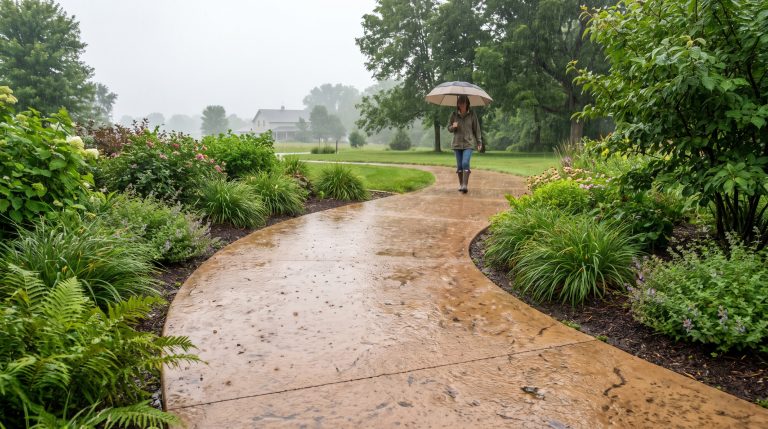 Person walking with umbrella on wet garden path during rainstorm