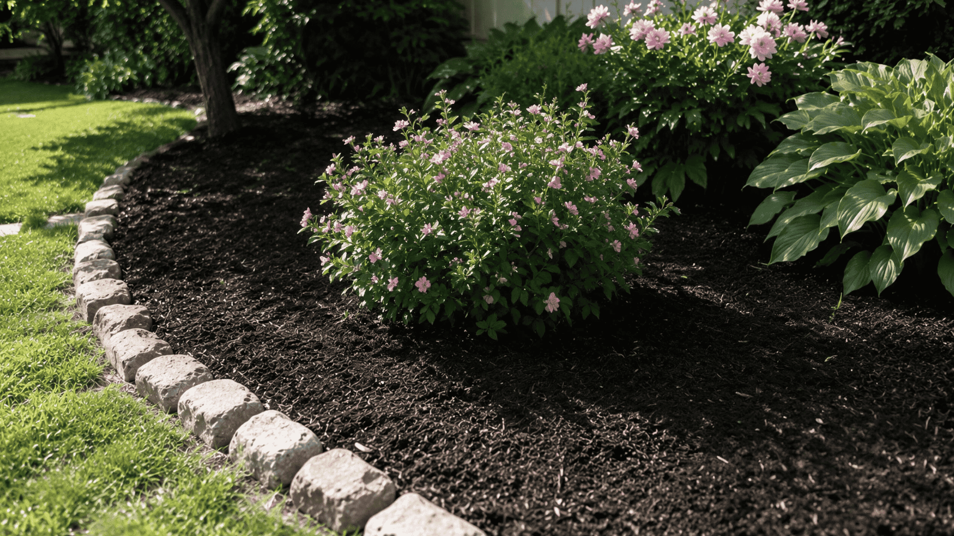 mulched garden bed beside hostas and a curved stone border