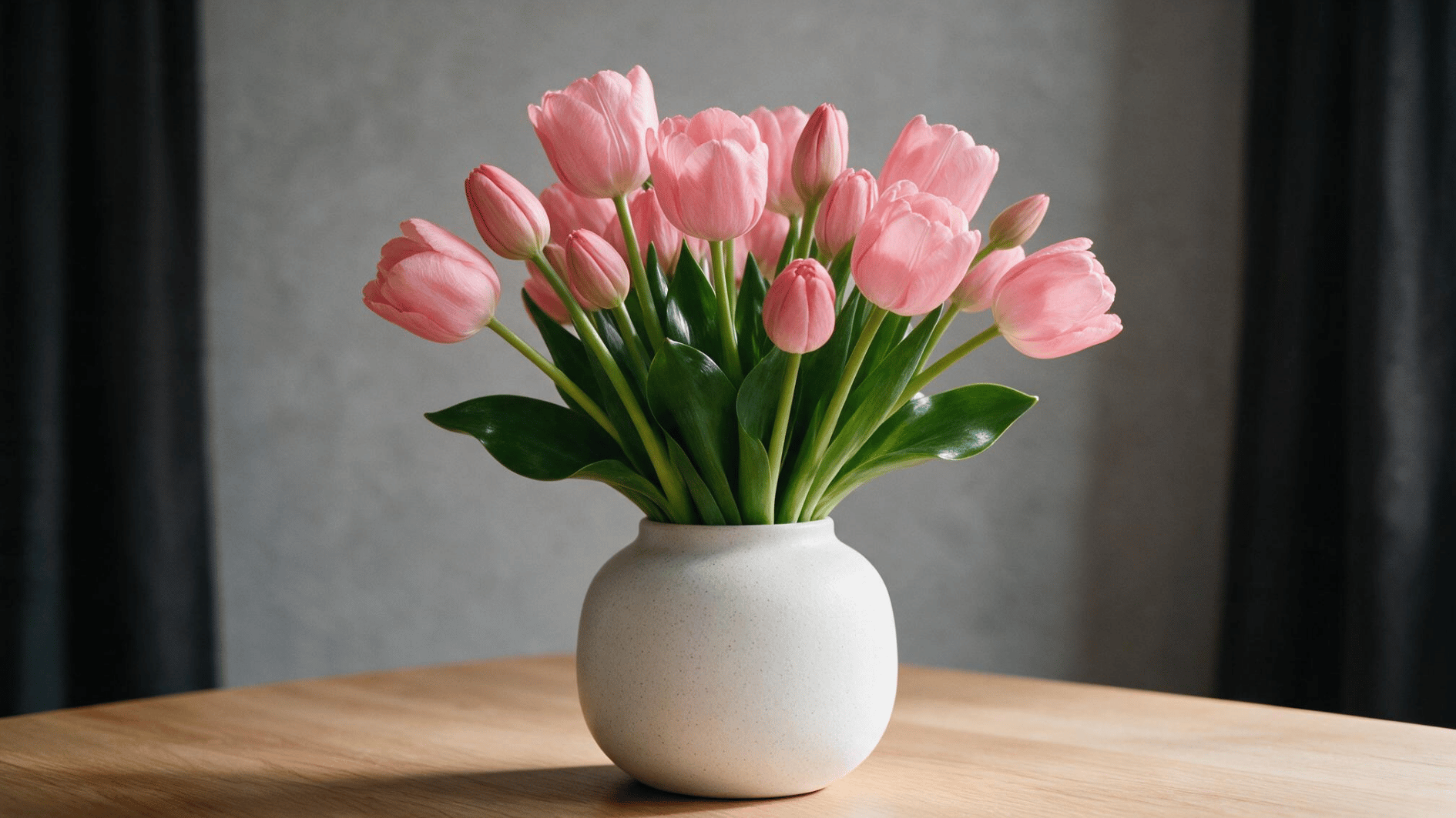 pink tulips arranged in a white ceramic vase on a wooden table against a simple dark indoor background