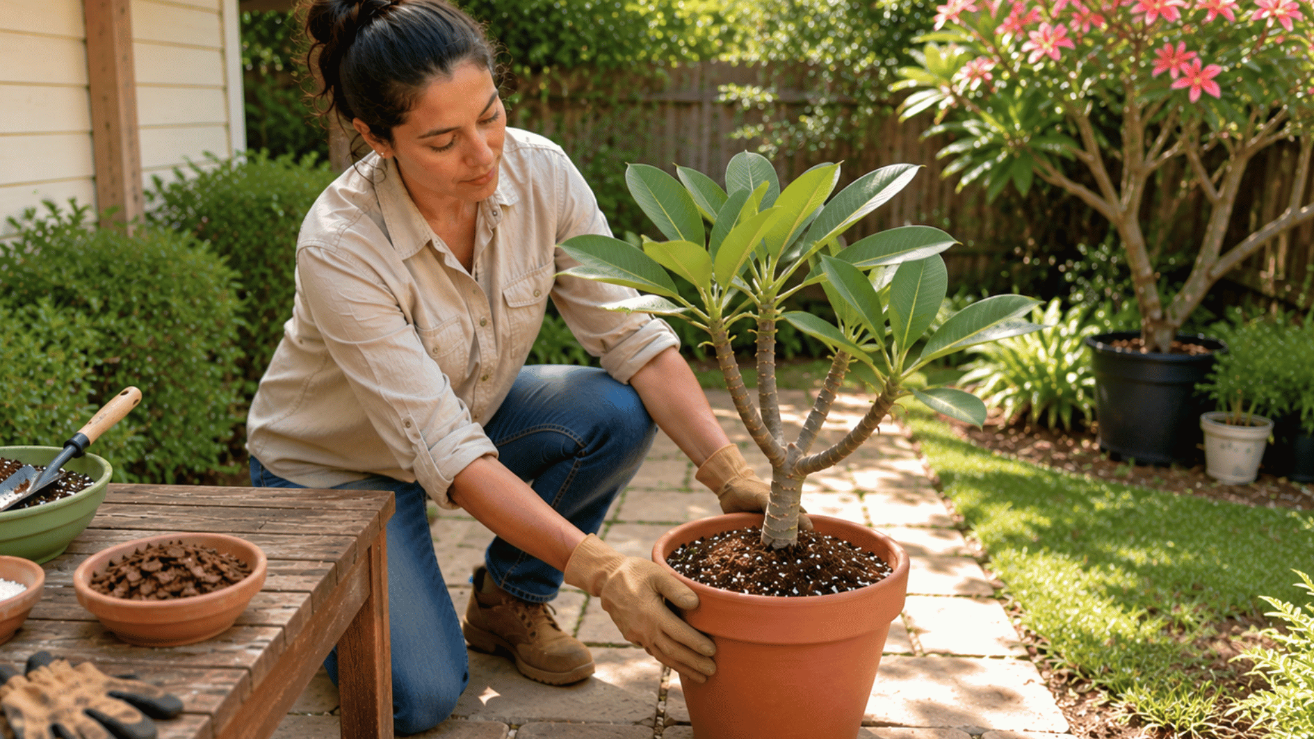 gardener placing a freshly planted plumeria in a terracotta pot in a sunny backyard location