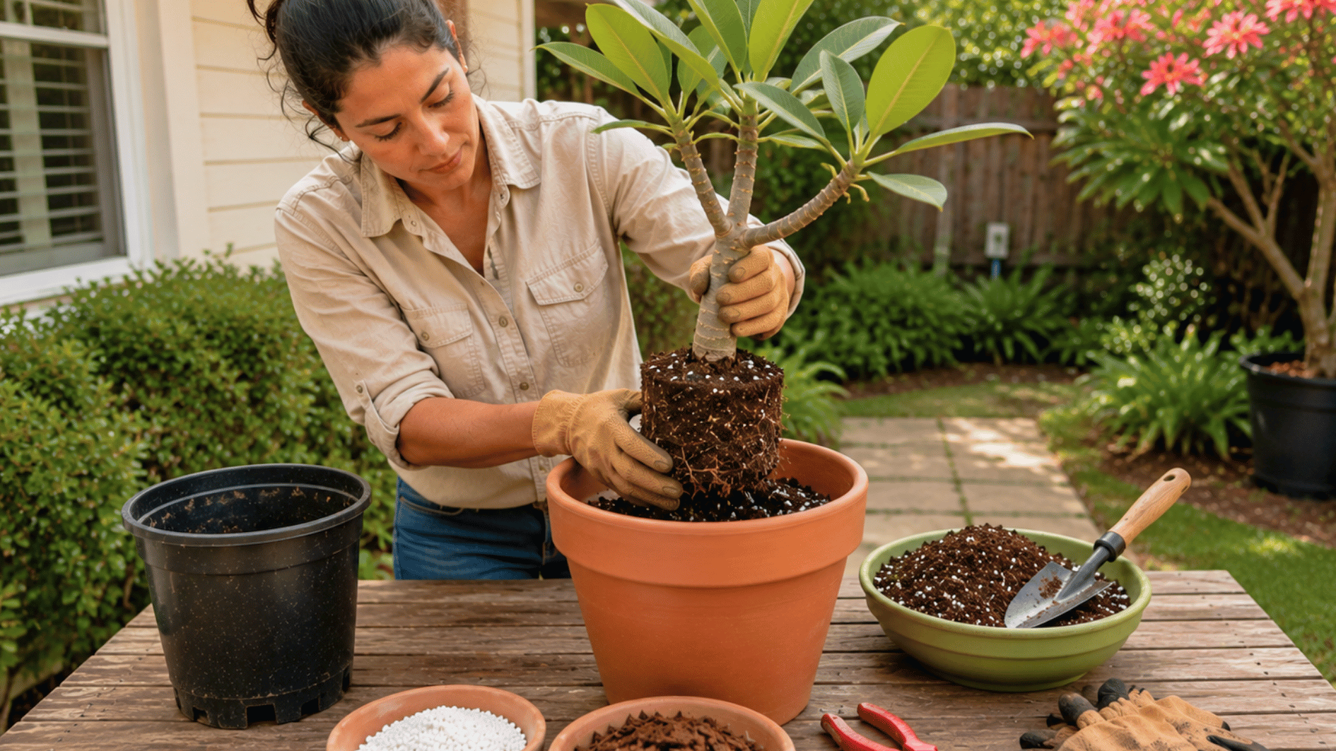 gardener lowering a plumeria root ball into a terracotta pot filled with loose fast-draining soil