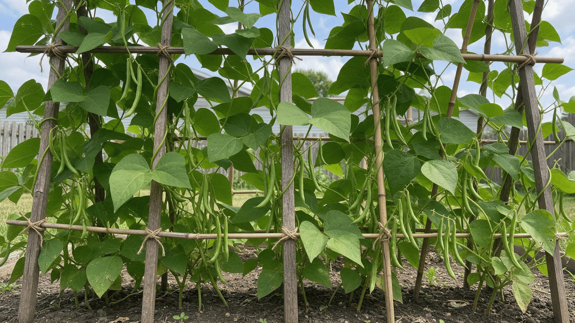 pole bean vines with green pods climbing a wooden trellis in a backyard garden