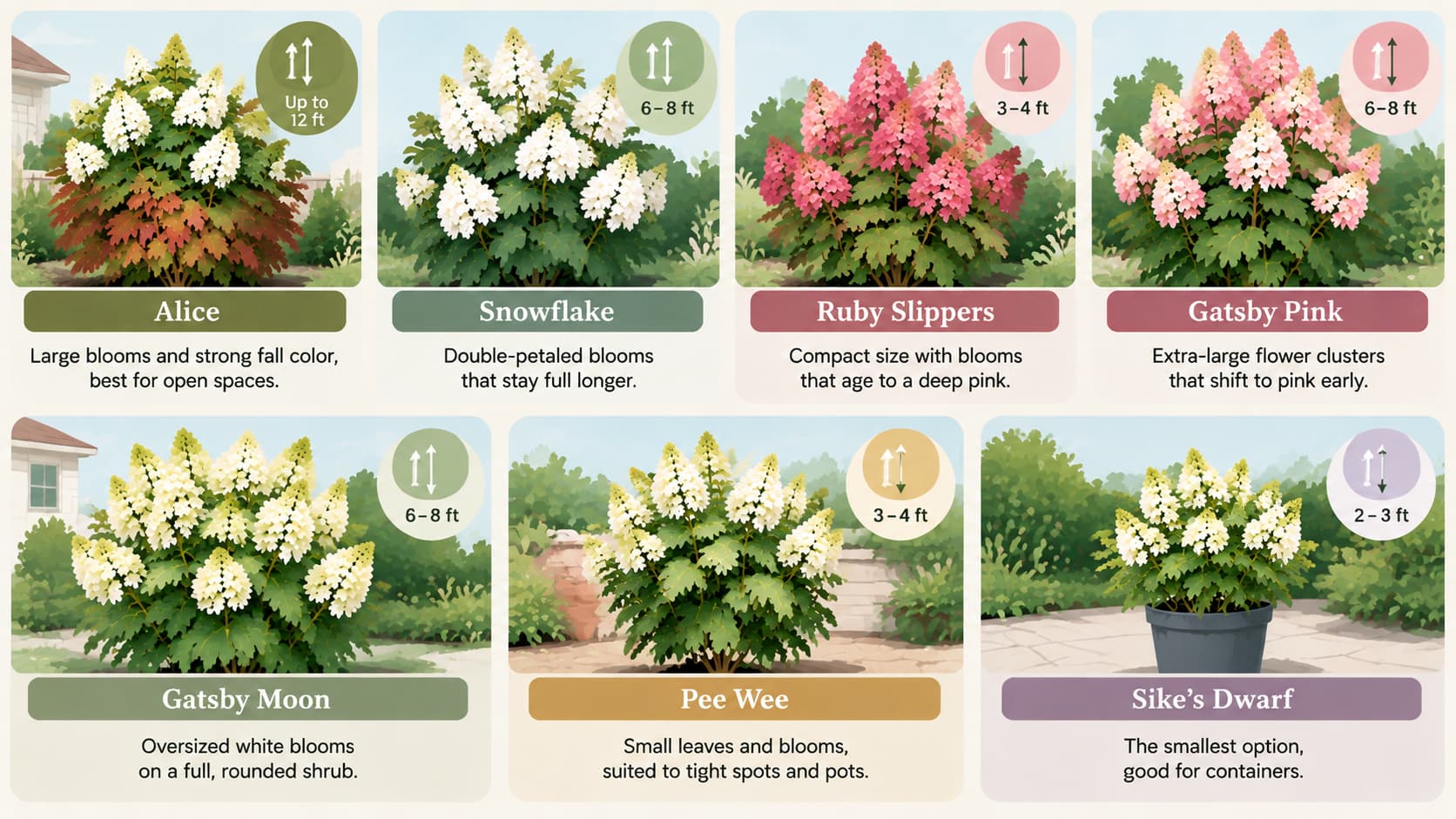 Graphic detailing popular oakleaf hydrangea varieties such as Alice, Snowflake, Ruby Slippers, Gatsby Pink, Gatsby Moon, Pee Wee, and Sike's Dwarf with height metrics.