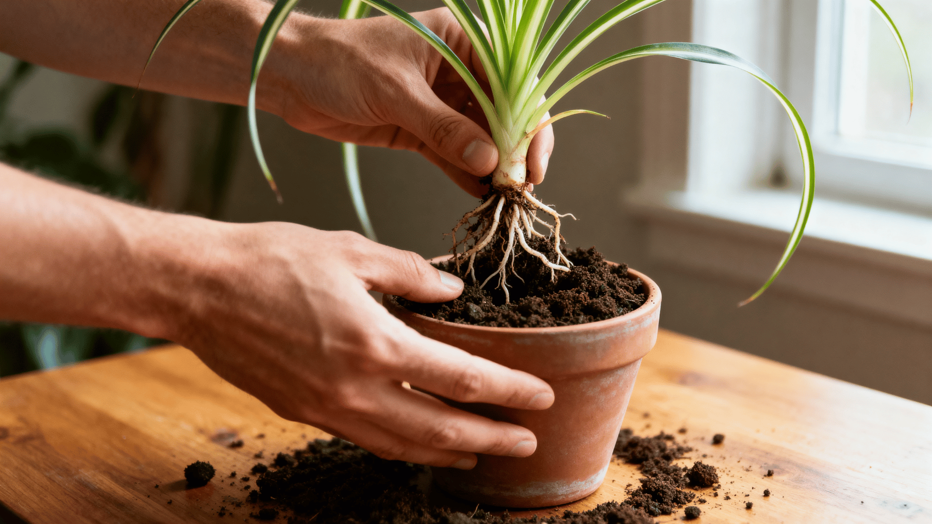 hands potting a rooted spider plant baby into a small container with loose soil on the same indoor wooden table