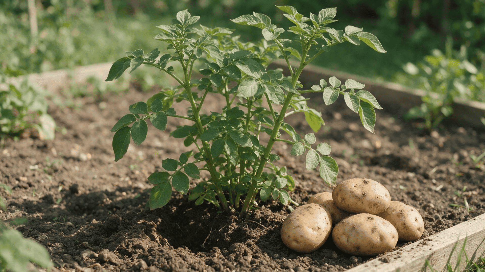 healthy potato plant growing in a garden bed with freshly harvested potatoes resting beside it